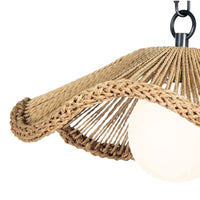 Provence Cafe Small Pendant with twisted rope shade, braided edge, and white glass globe.