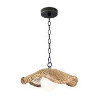 Provence Cafe Small Pendant with a wavy, braided rope shade and white glass globe.