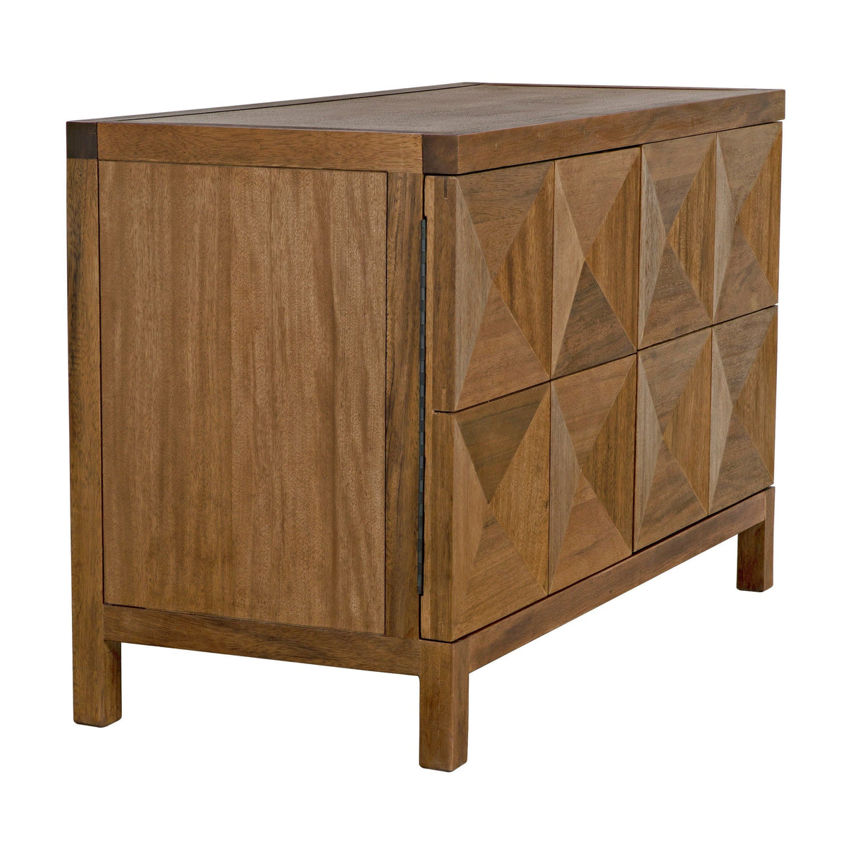 Dark walnut sideboard with two geometrically carved doors and push latches.