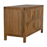 Dark walnut sideboard with two geometrically carved doors and push latches.