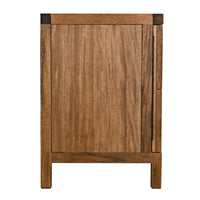 Dark walnut wood sideboard with a single geometrically carved door and black corner accents.