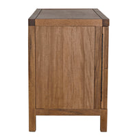 Dark walnut wood sideboard with two geometrically carved doors and hidden push latches.