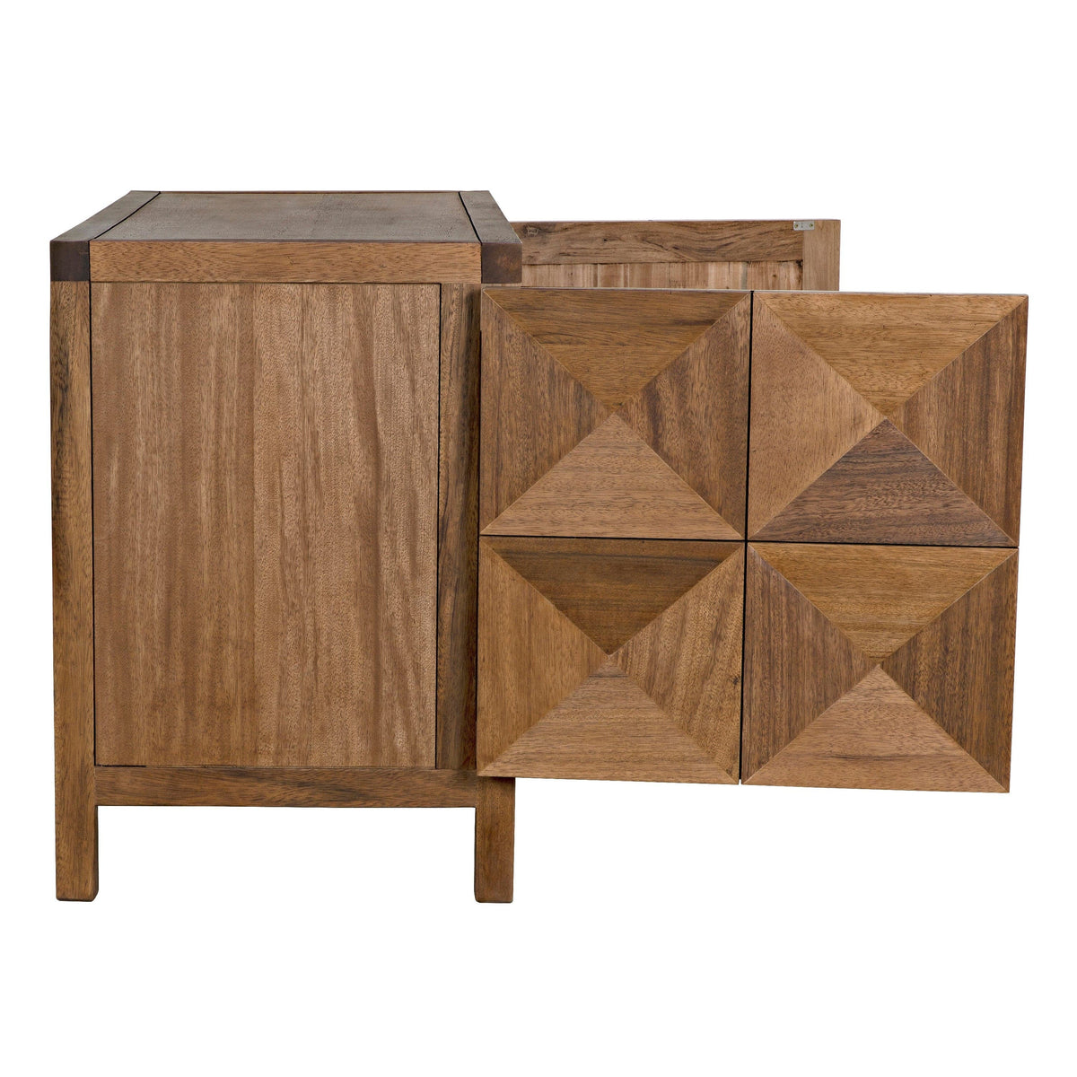 Dark walnut sideboard with two geometrically carved doors, one open revealing storage.