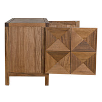 Dark walnut sideboard with two geometrically carved doors, one open revealing storage.