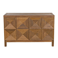 Dark walnut sideboard with two geometrically carved doors and push latches.