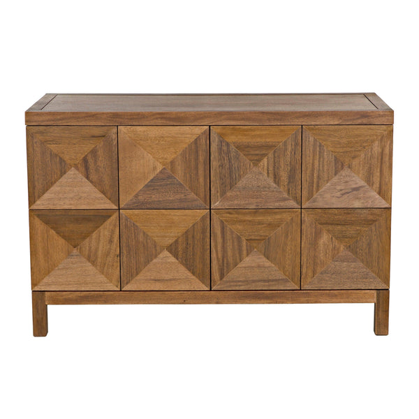 Dark walnut sideboard with two geometrically carved doors and push latches.