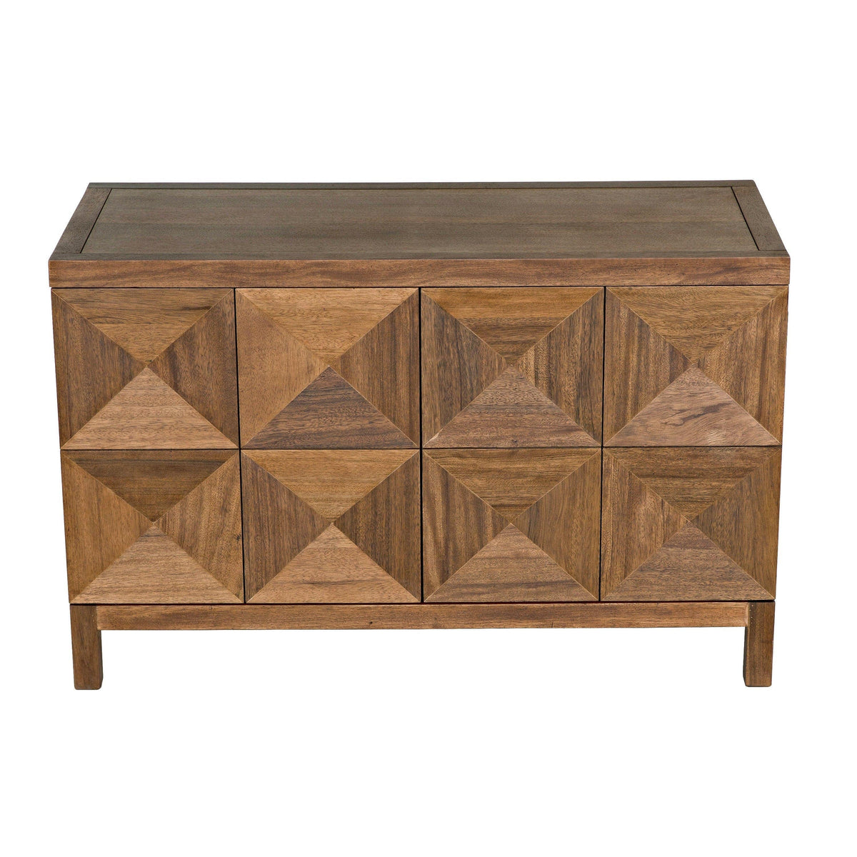 Dark walnut sideboard with two geometrically carved doors and a spacious cupboard.