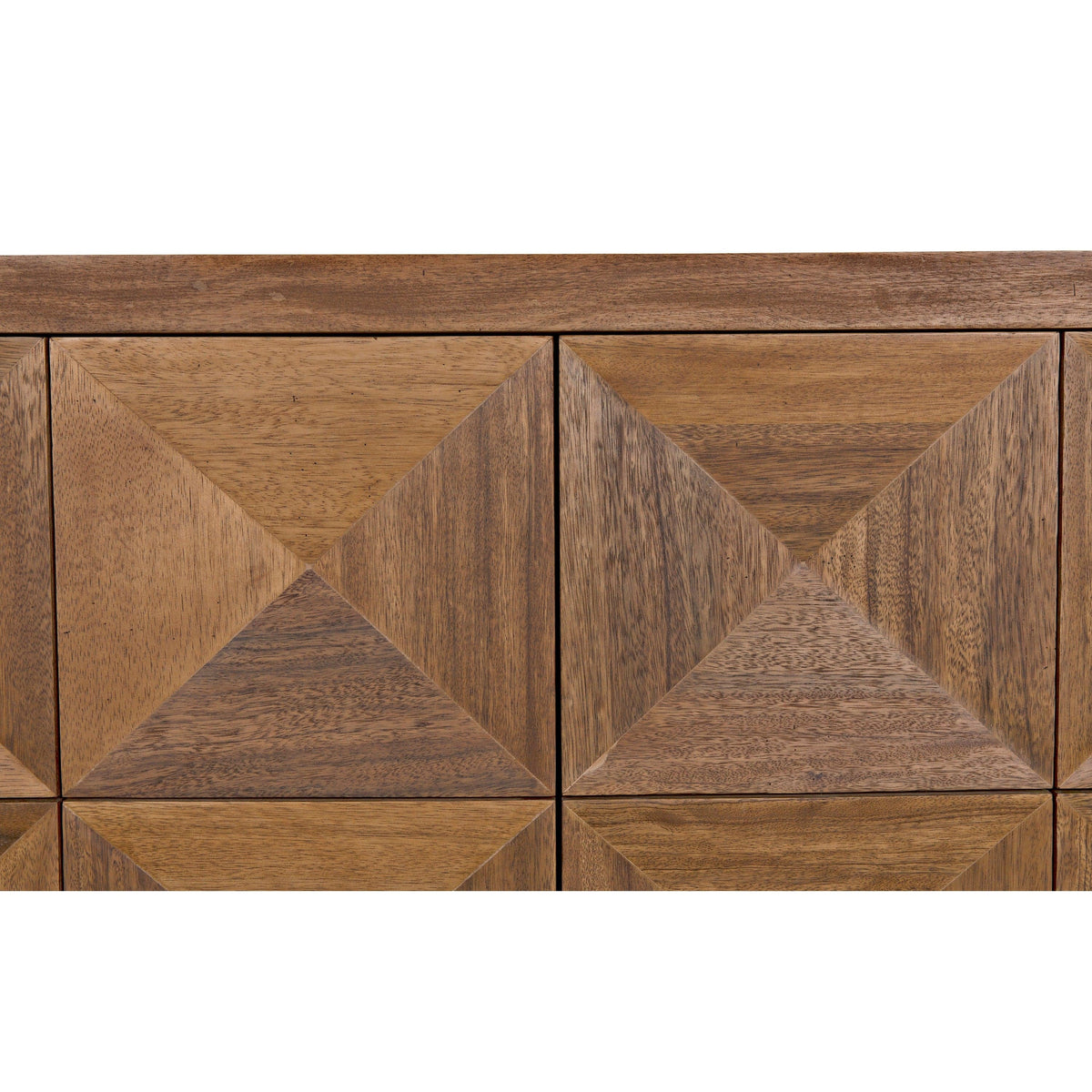 Dark walnut sideboard with two geometrically carved doors and hidden latches.