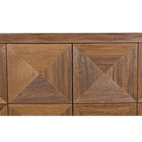 Dark walnut sideboard with two geometrically carved doors and hidden latches.