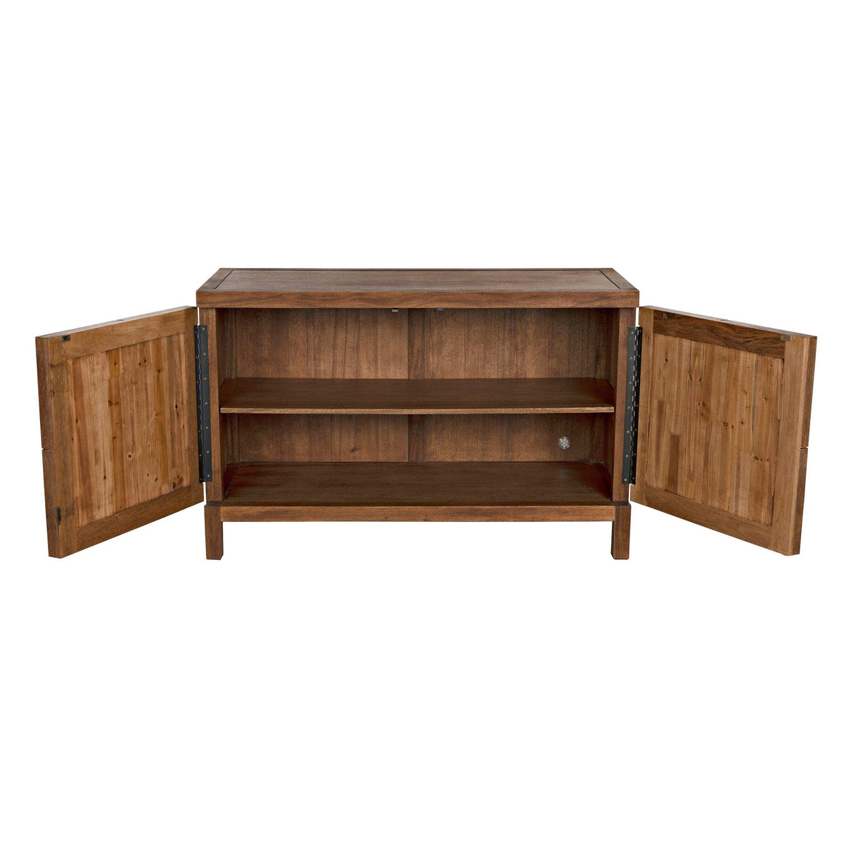 Dark walnut sideboard with two open doors revealing a spacious interior and one removable shelf.