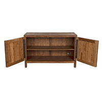 Dark walnut sideboard with two open doors revealing a spacious interior and one removable shelf.