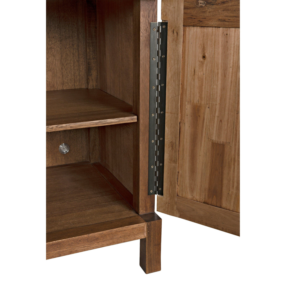 Dark walnut wood sideboard with open door revealing interior shelf and black hinges.