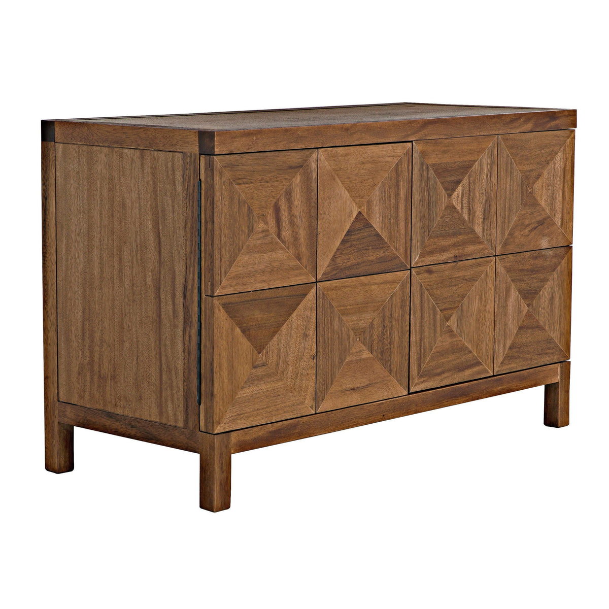 Dark walnut sideboard with two geometrically carved doors and square legs.