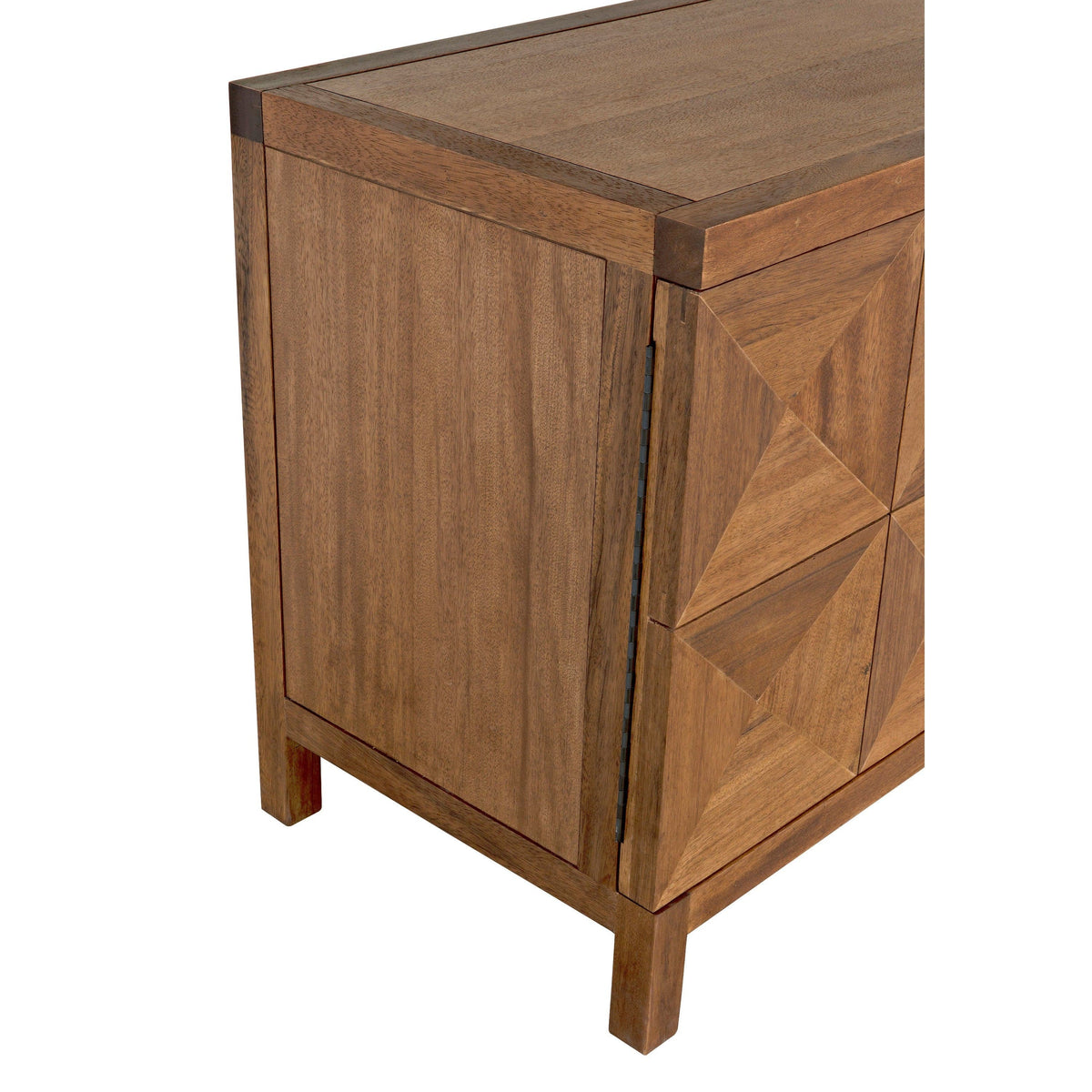 Dark walnut sideboard with two geometrically carved doors and hidden latches.
