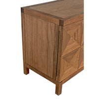 Dark walnut sideboard with two geometrically carved doors and hidden latches.