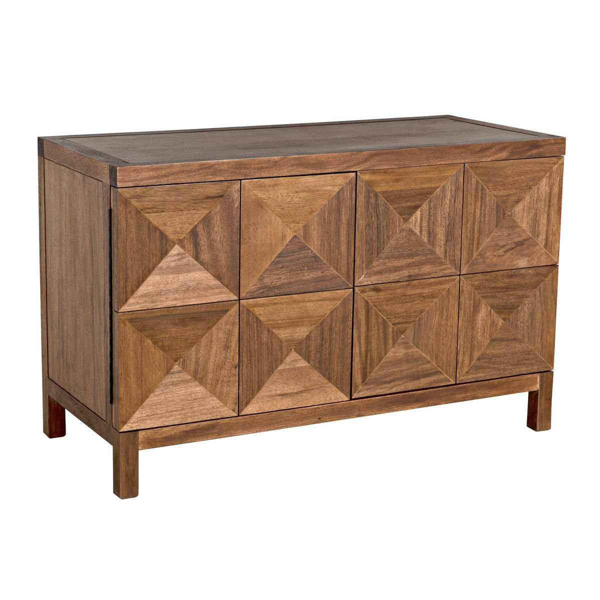 Dark walnut sideboard with two geometrically carved doors and push latches.
