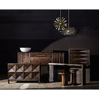 Ebony walnut sideboard with two geometrically carved doors, a white bowl, and other dark wood furniture.