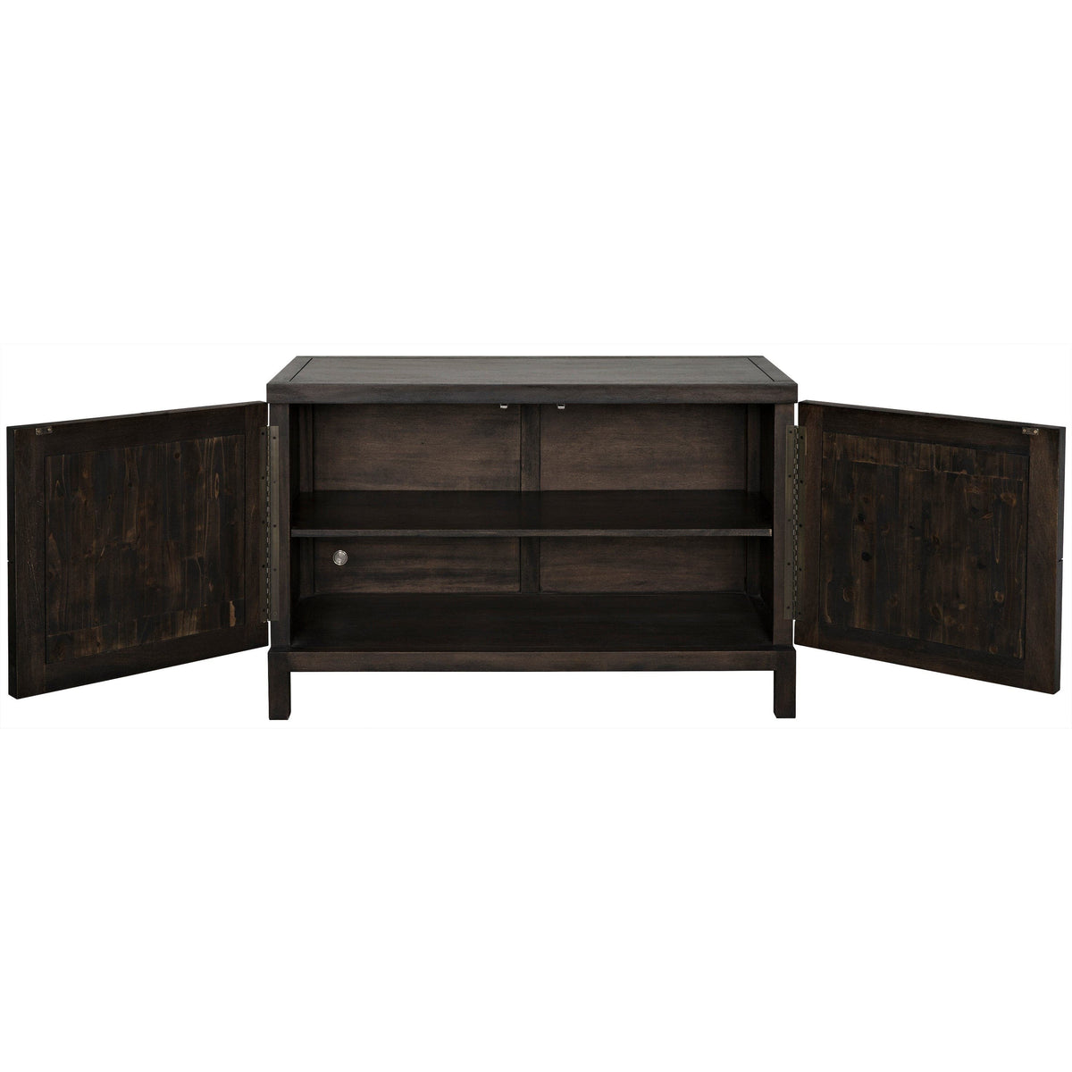 Dark ebony walnut sideboard with two open doors revealing a removable shelf.
