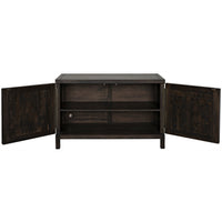 Dark ebony walnut sideboard with two open doors revealing a removable shelf.