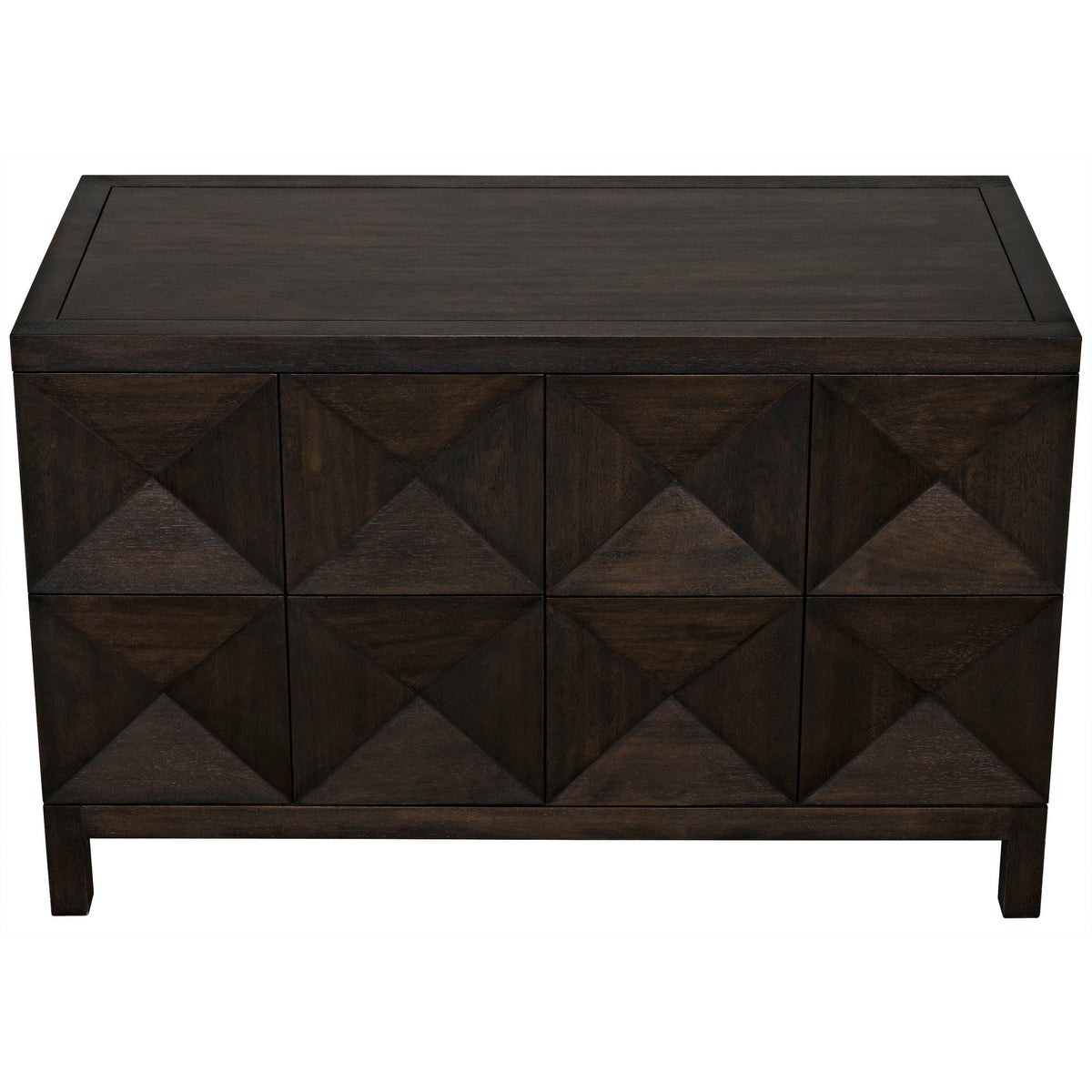 Ebony walnut sideboard with two geometrically carved doors and hidden latches.