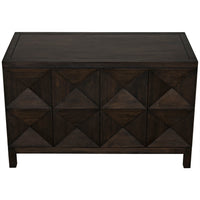 Ebony walnut sideboard with two geometrically carved doors and hidden latches.