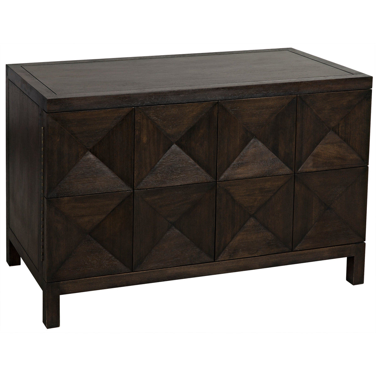 Ebony walnut sideboard with two geometrically carved doors and hidden push latches.