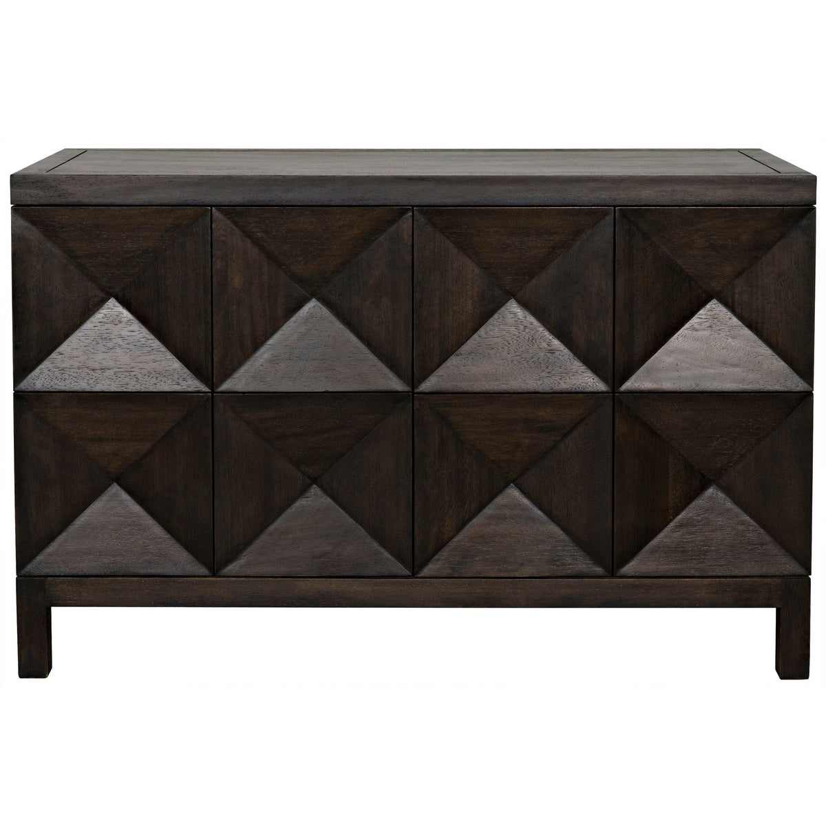 Ebony walnut sideboard with two geometrically carved doors and hidden latches.