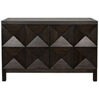 Ebony walnut sideboard with two geometrically carved doors and hidden latches.