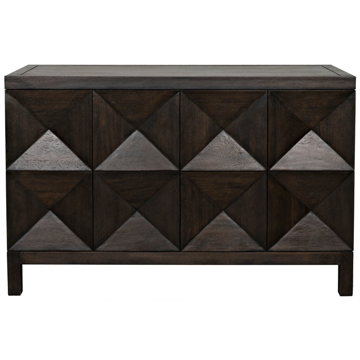 Ebony walnut sideboard with two geometrically carved doors and hidden latches.