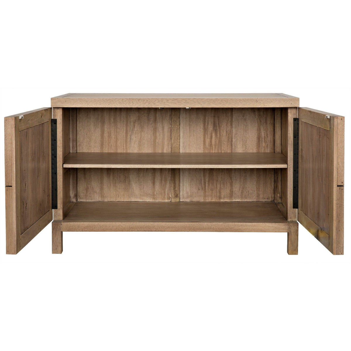 Quadrant 2-door washed walnut sideboard with open doors revealing two interior shelves.