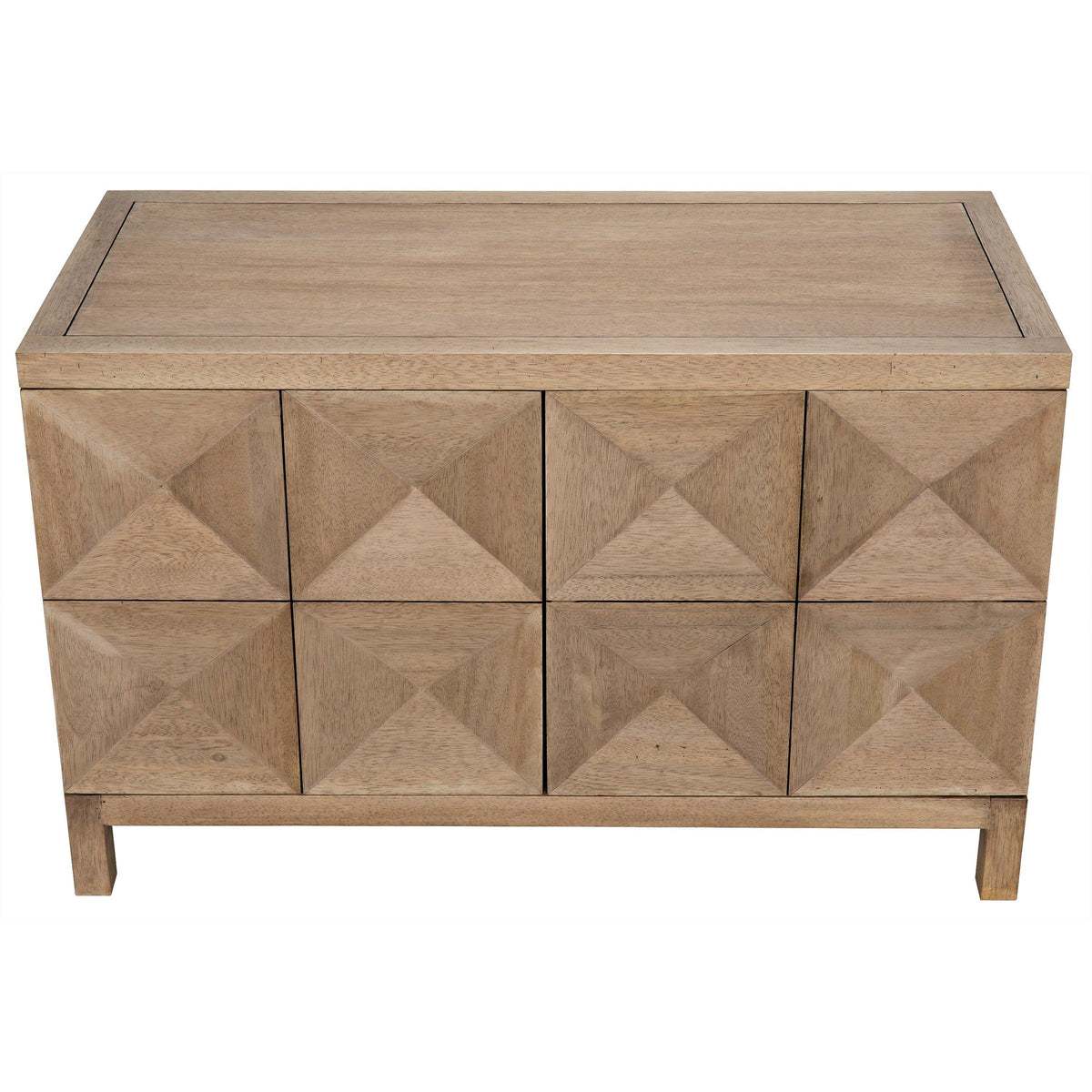 Washed walnut sideboard with two geometrically carved doors and a smooth finish.