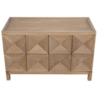 Washed walnut sideboard with two geometrically carved doors and a smooth finish.