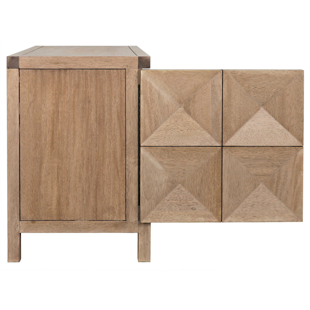 Washed walnut sideboard with two geometrically carved doors and smooth finish.