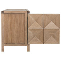 Washed walnut sideboard with two geometrically carved doors and smooth finish.