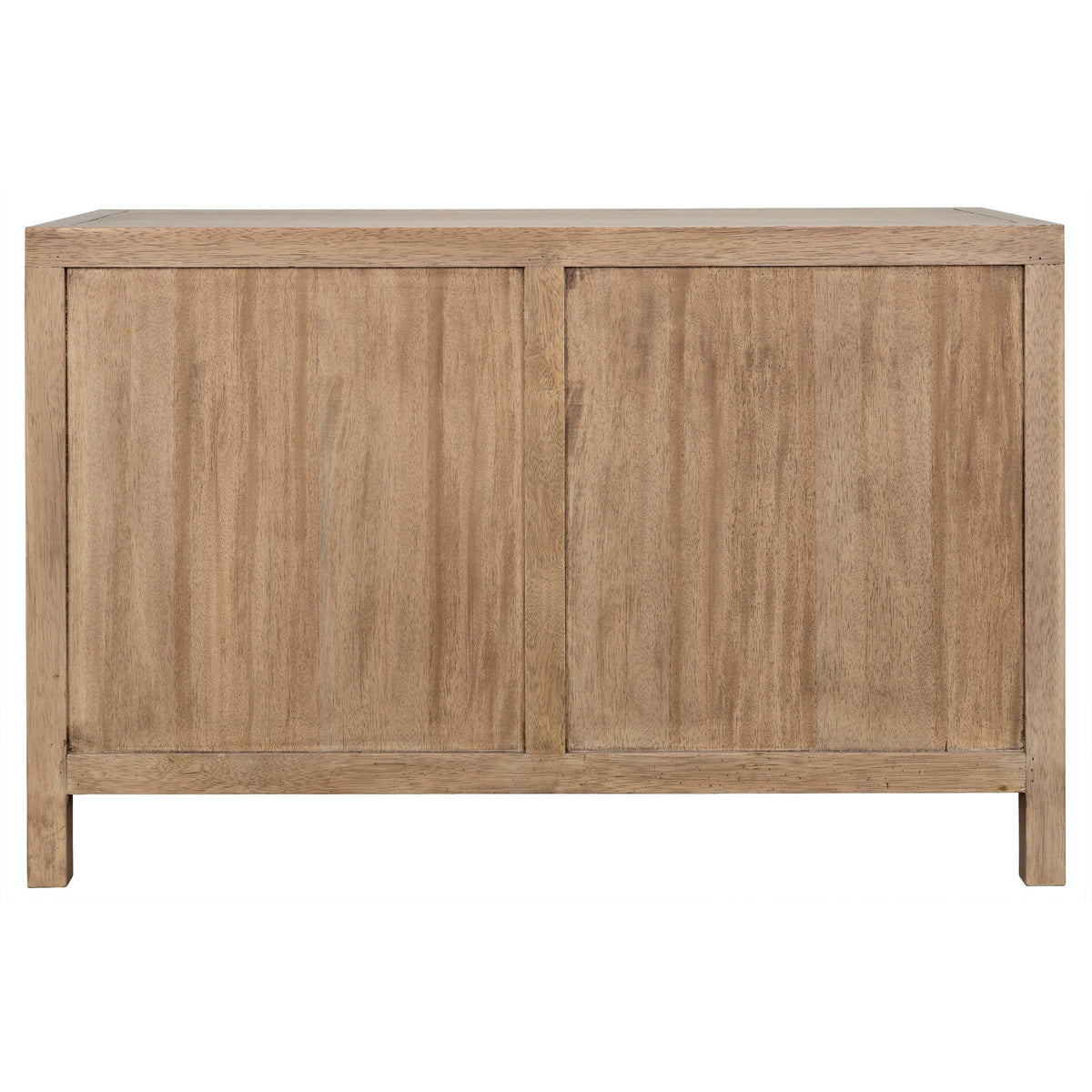 Quadrant 2-door washed walnut sideboard with smooth finish and geometric carved doors.