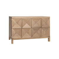 Washed walnut sideboard with two geometrically carved doors and hidden latches.