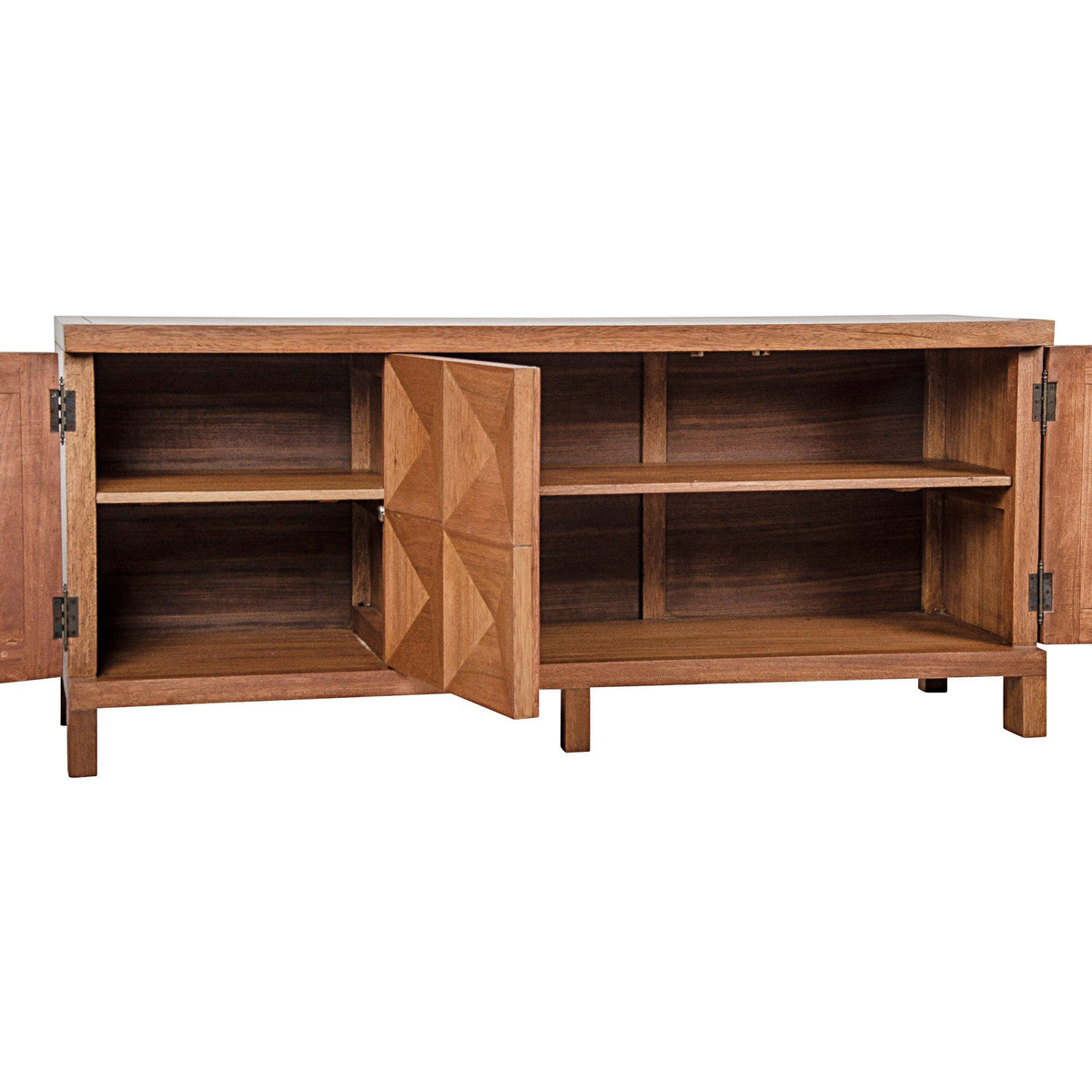 Dark walnut 3-door sideboard with geometric carved doors, open to reveal two interior shelves.