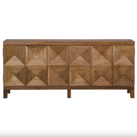 Dark walnut sideboard with three geometrically carved doors and hidden latches.
