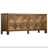 Dark walnut sideboard with three geometrically carved doors and hidden latches.