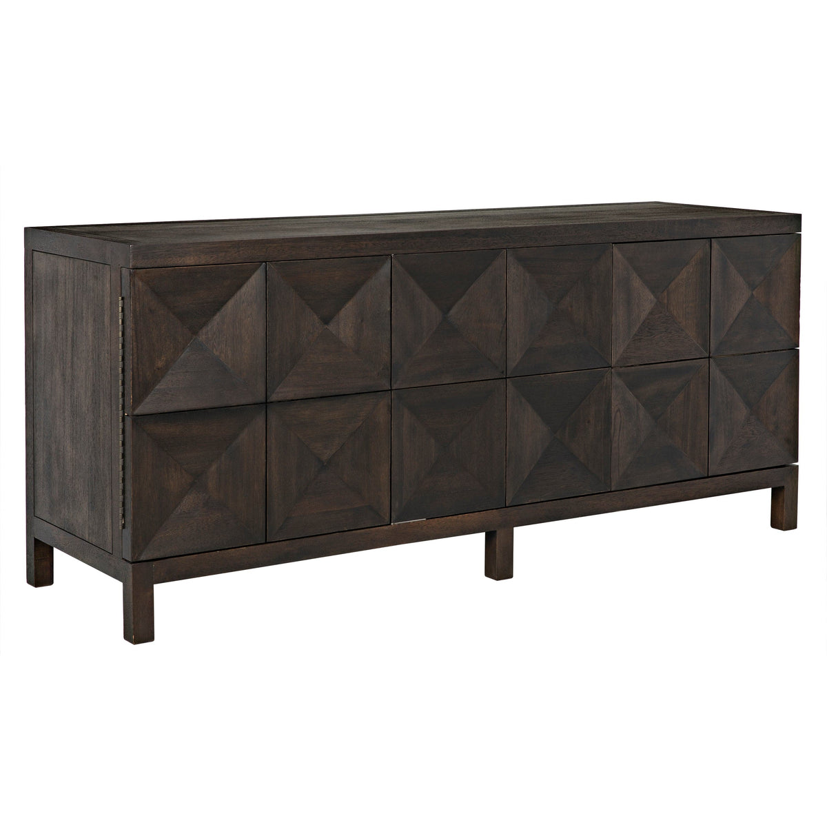 Ebony walnut 3-door sideboard with geometric diamond pyramid panels and simple squared legs.