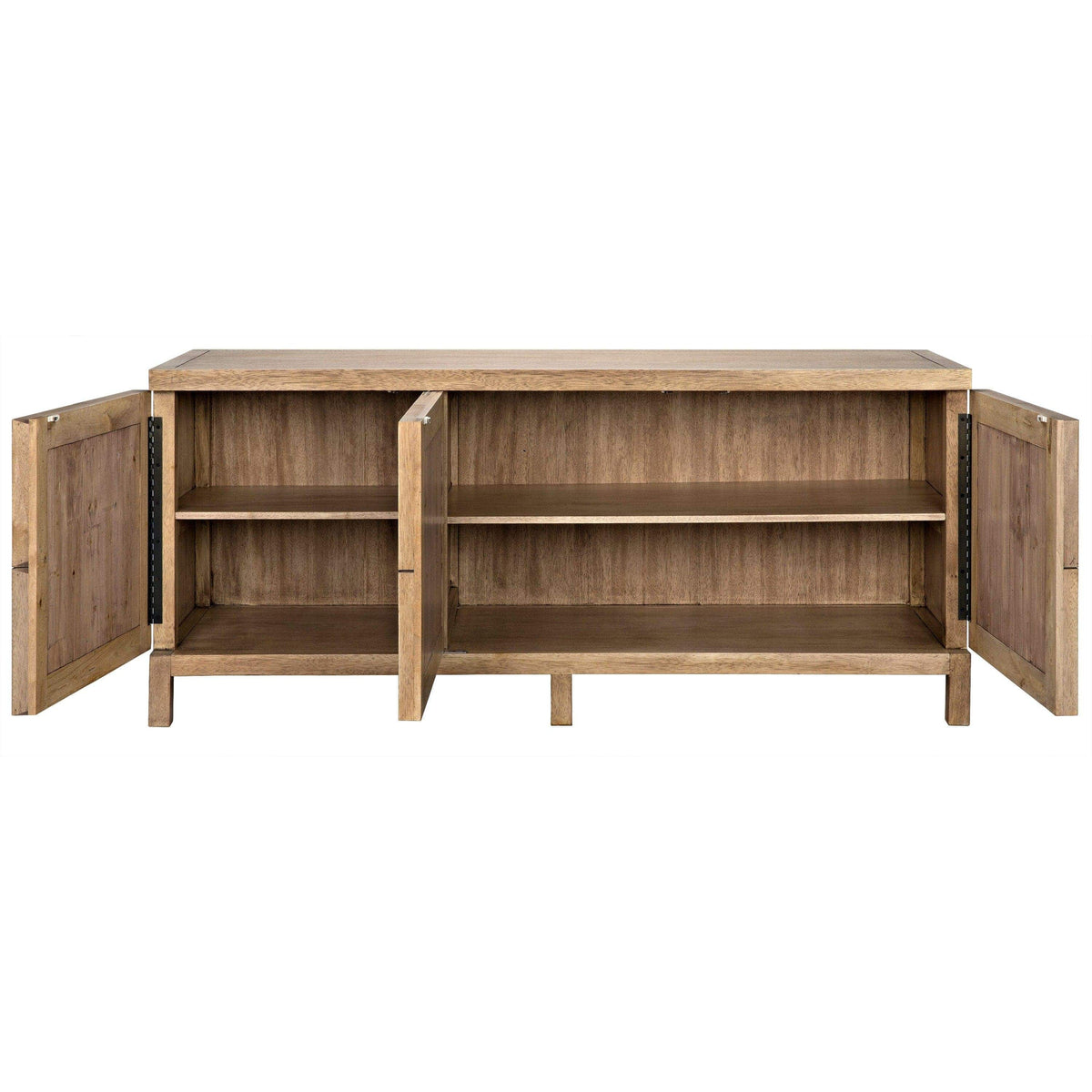 Washed walnut sideboard with three open, geometrically carved doors revealing two interior cupboards.