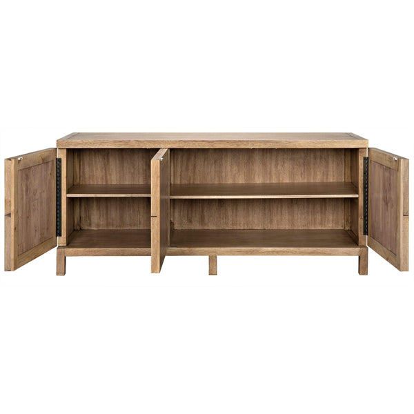 Washed walnut sideboard with three open, geometrically carved doors revealing two interior cupboards.