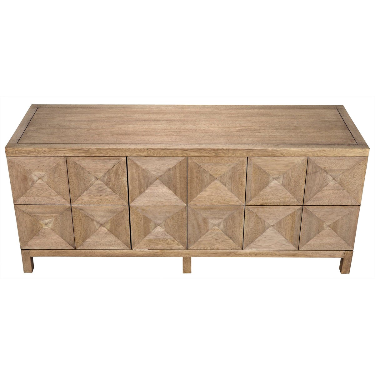 Washed walnut sideboard with three geometrically carved doors and hidden push latches.