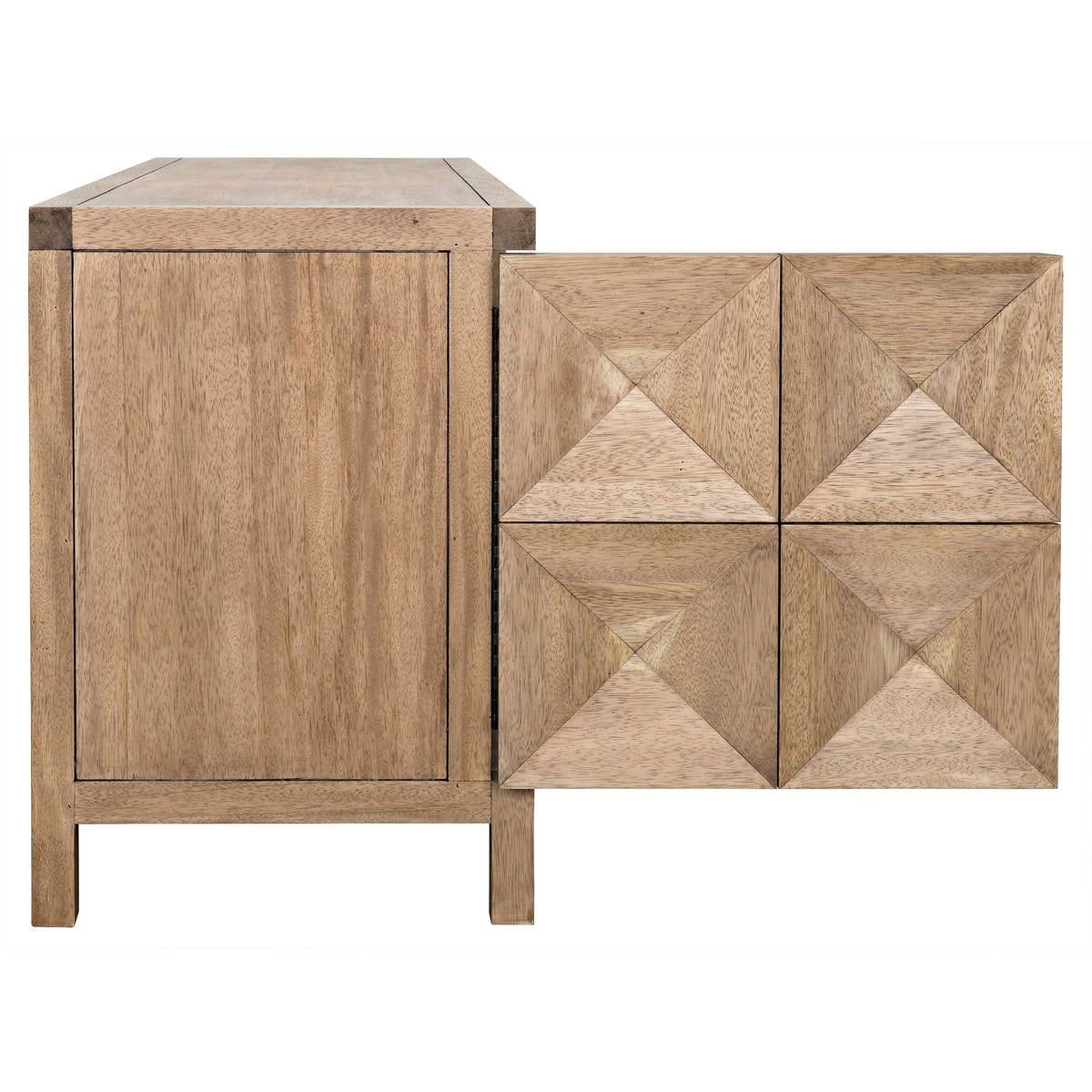 Washed walnut sideboard with three geometrically carved doors, one open revealing interior storage.