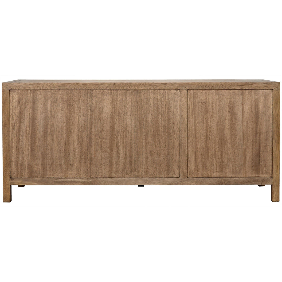 Washed walnut sideboard with three geometrically carved doors and hidden push latches.