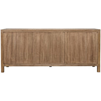 Washed walnut sideboard with three geometrically carved doors and hidden push latches.