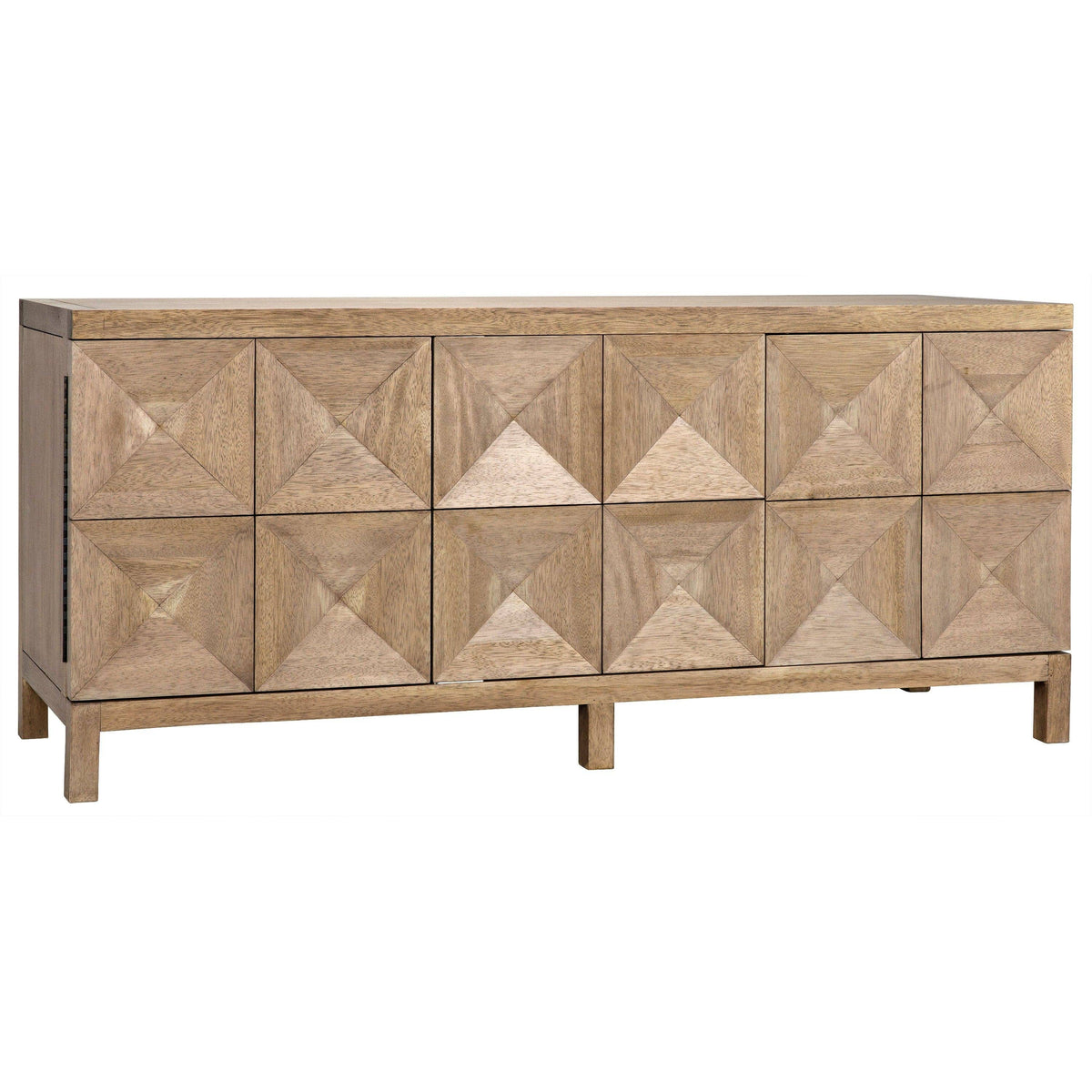 Washed walnut sideboard with three geometrically carved doors and hidden push latches.