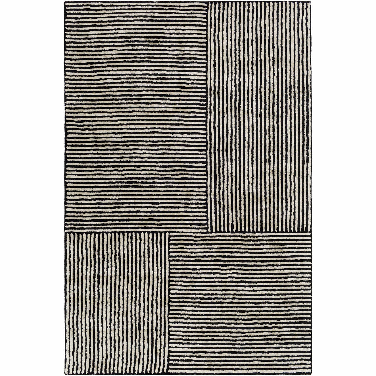 Black & ivory hand-tufted viscose rug with horizontal and vertical striped blocks.