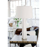 Large Quatrefoil Alabaster Table Lamp with a tapered white alabaster base and a white linen drum shade.
