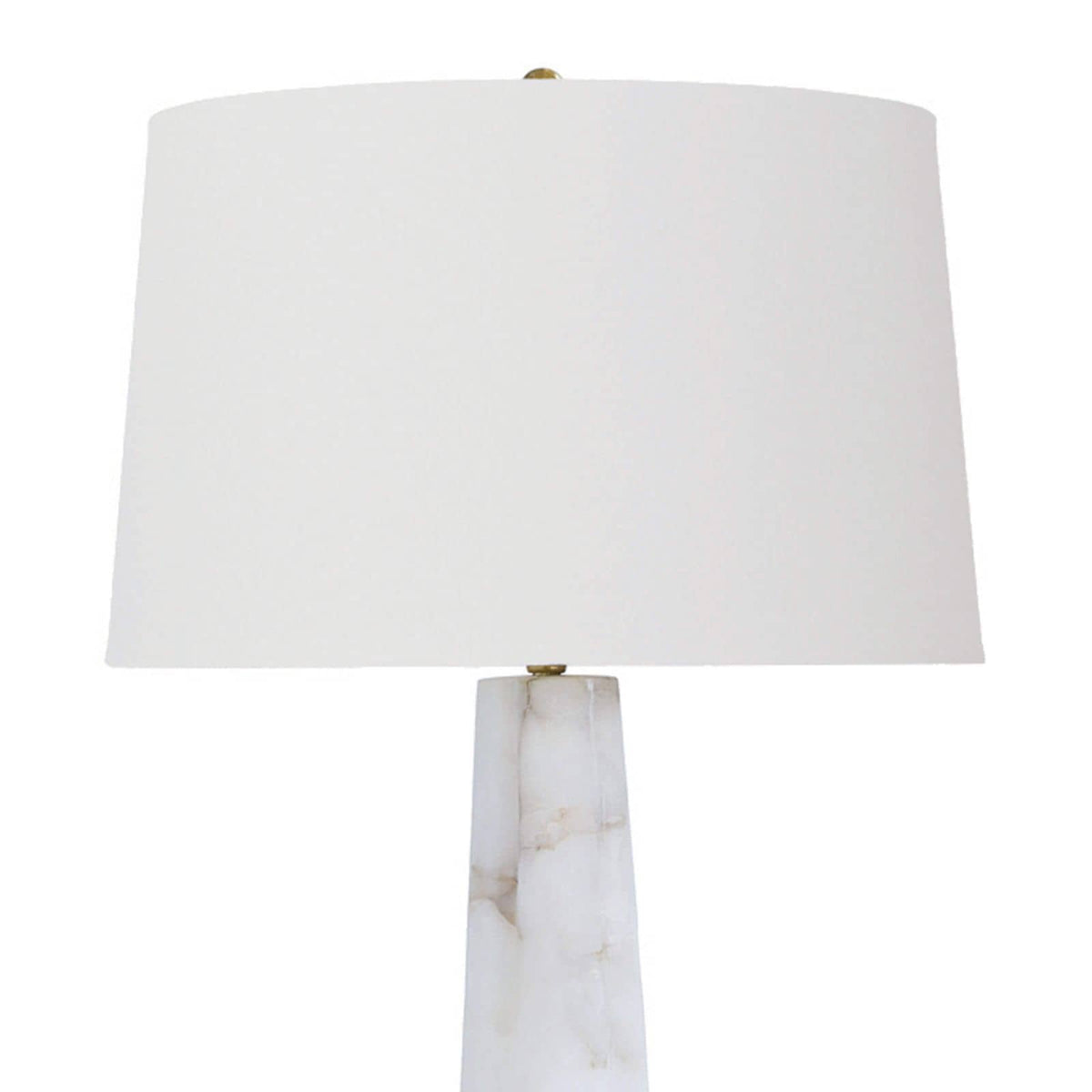 Large Quatrefoil Alabaster Table Lamp with a tapered white alabaster base and a white linen drum shade.